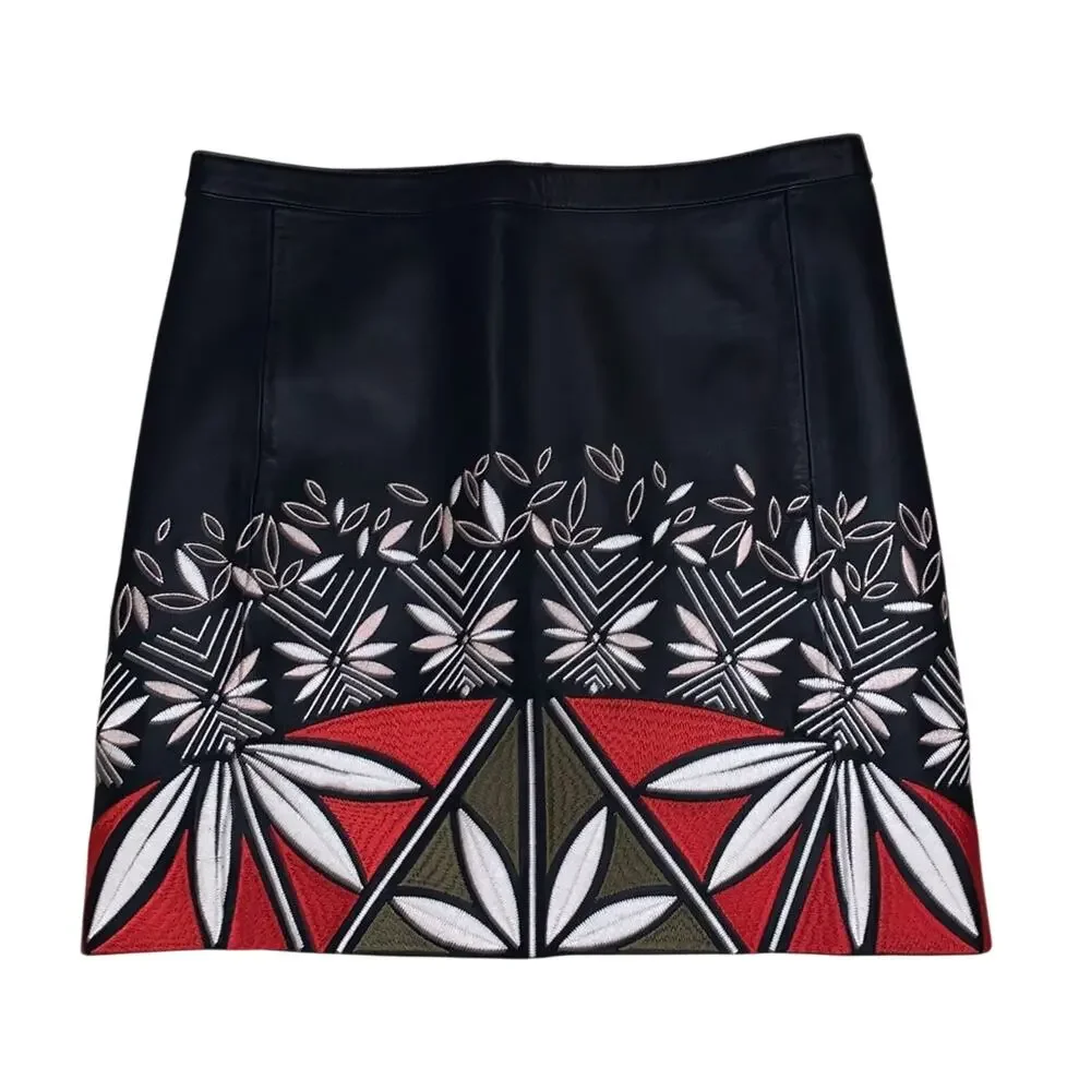 NEW Tory Burch Navy, Red White Leather Embroidered Skirt marked 2, Fits  27 / S